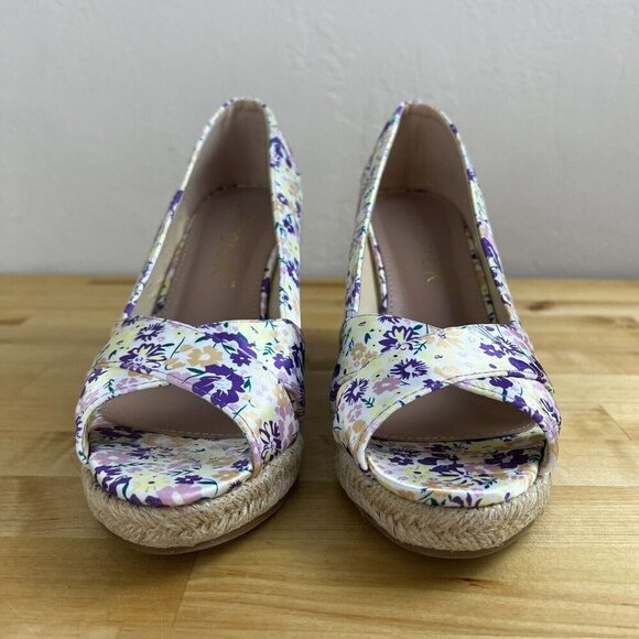 Allegra K White Purple Floral Peep Toe Platform Pumps Wedge Sandals Size 7.5 - Picture 4 of 11